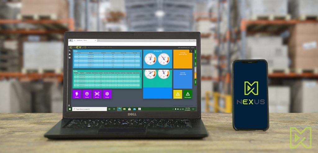 Matthews NEXUS Warehouse Execution System on a Laptop and a Mobile Phone